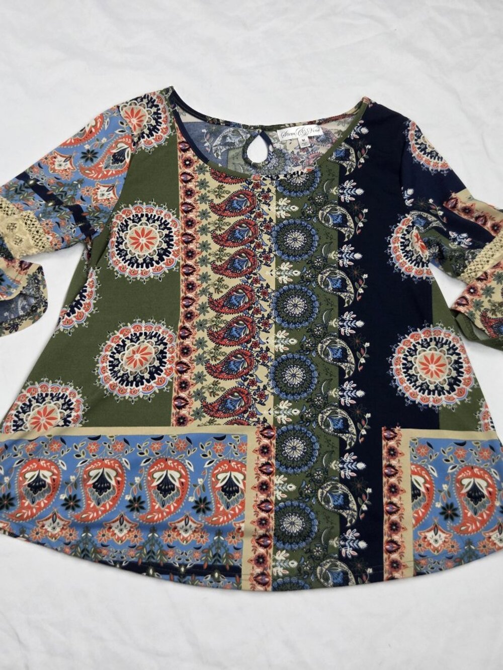 colorful patchwork-print tunic top womens size M